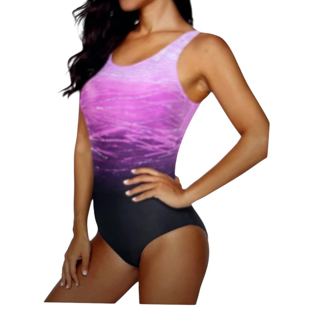 One Piece Swimsuit Purple & Blue Color Block Tummy Control Crisscross Back:Large - Picture 2 of 6